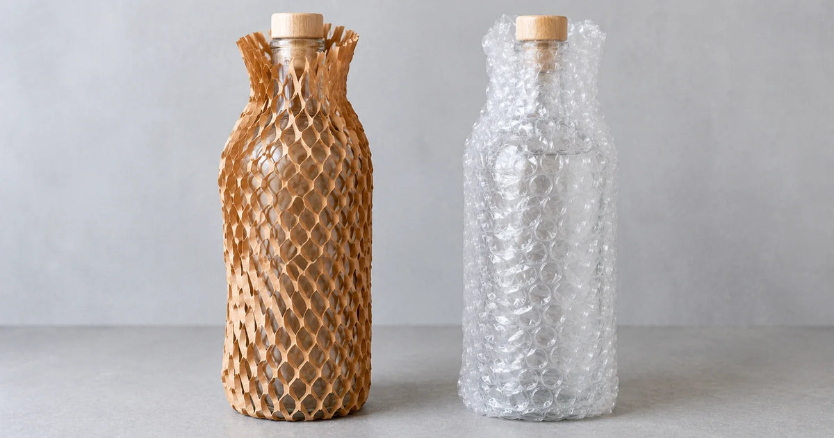 Two glass bottles, one wrapped in brown honeycomb paper and one wrapped in clear bubble wrap