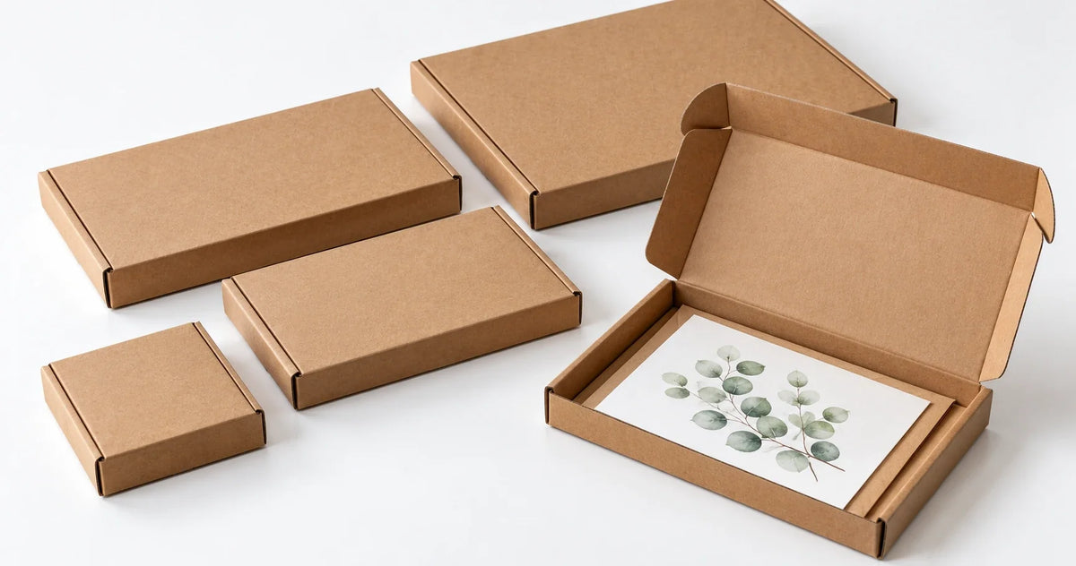 Slim brown large letter postal boxes in four sizes, one open with a greeting card lying flat inside