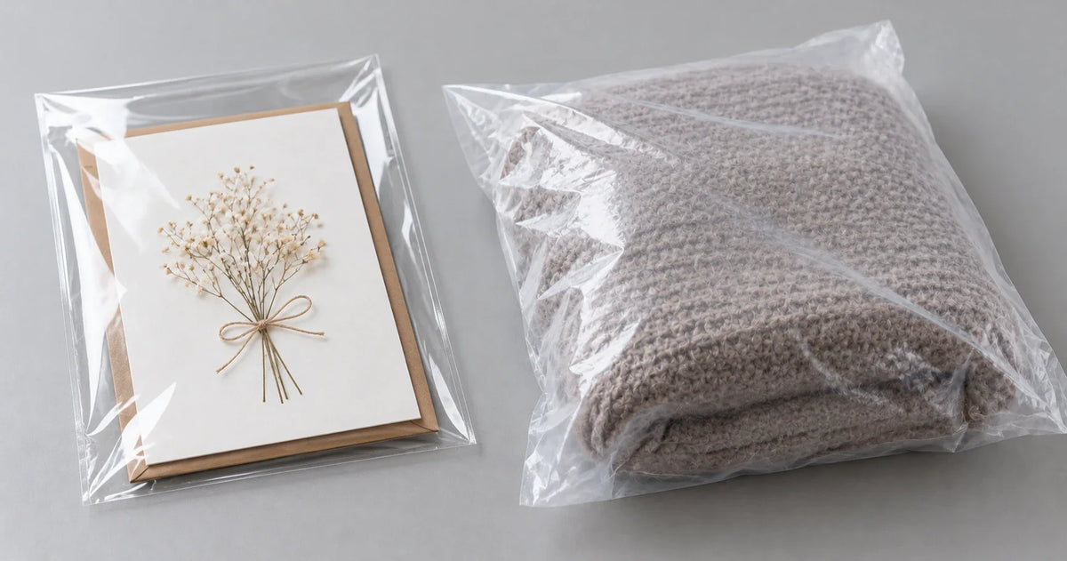Greeting card in a glossy clear OPP bag next to a folded knitted blanket in a softer clear polythene bag