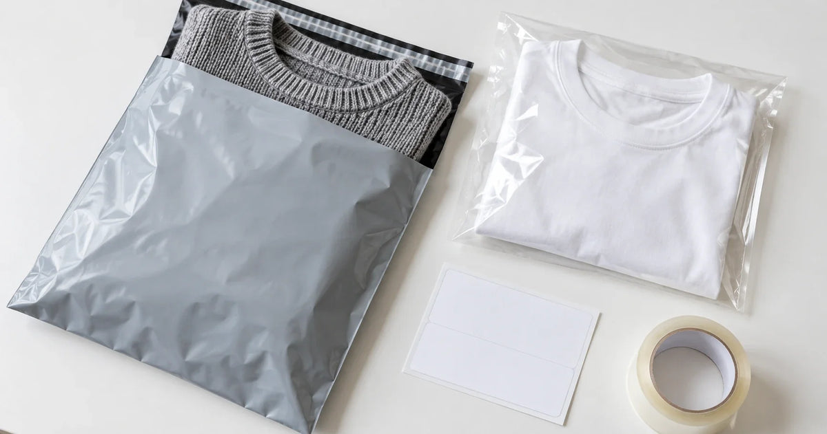Grey jumper in a grey mailing bag beside a white T-shirt in a clear bag, a blank label and a roll of clear tape