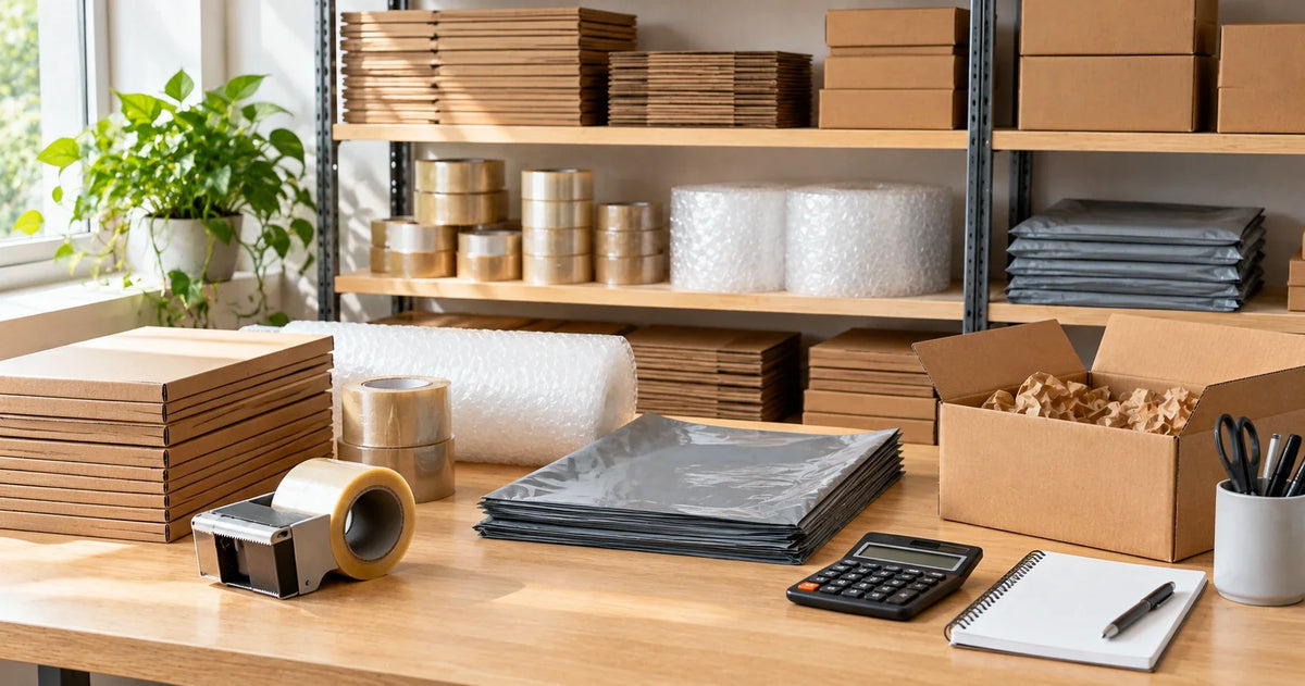 Packing station with flat cardboard boxes, packing tape, bubble wrap rolls, grey mailing bags, a calculator and a notepad