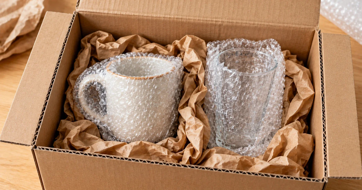 Mug and drinking glass wrapped in bubble wrap in a cardboard box with crumpled kraft paper around them