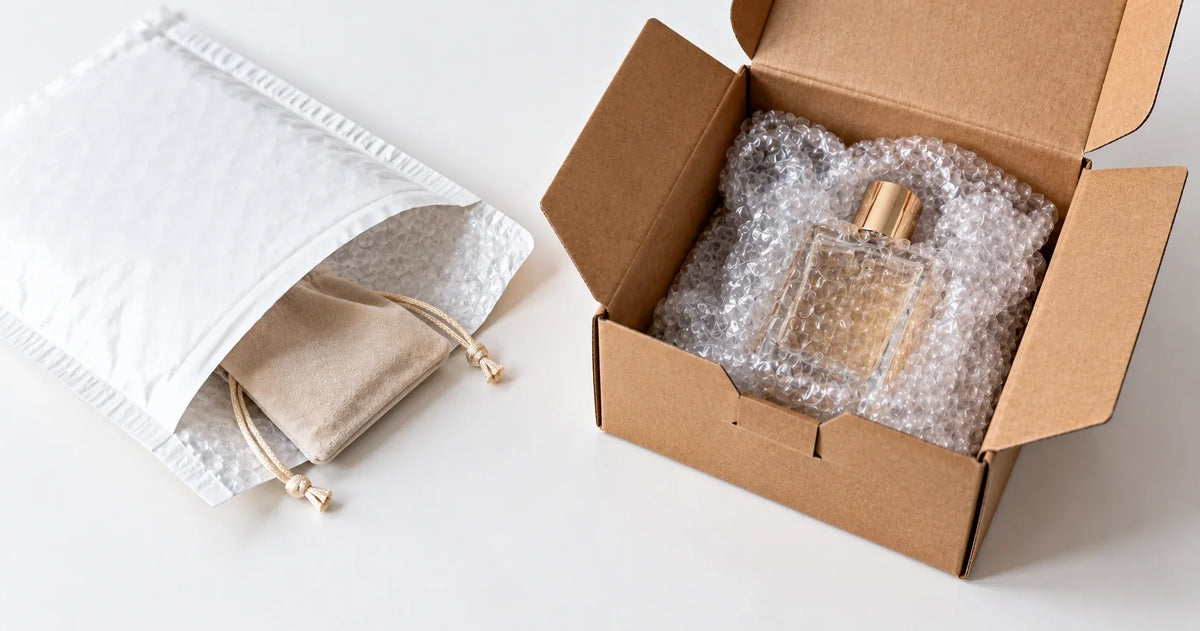 White padded envelope holding a fabric pouch, beside a small cardboard box with a perfume bottle in bubble wrap