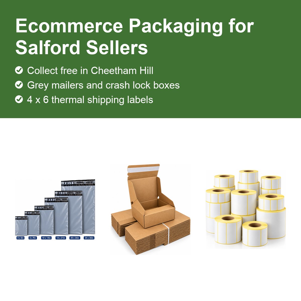 Ecommerce packaging for Salford sellers: grey mailing bags, crash lock boxes and thermal labels