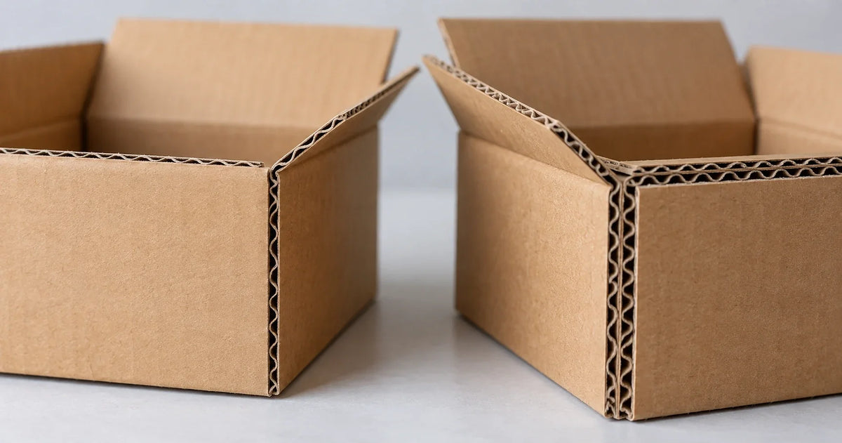 Single wall and double wall cardboard boxes side by side, with the double layer of fluting visible at the edge of the right-hand box