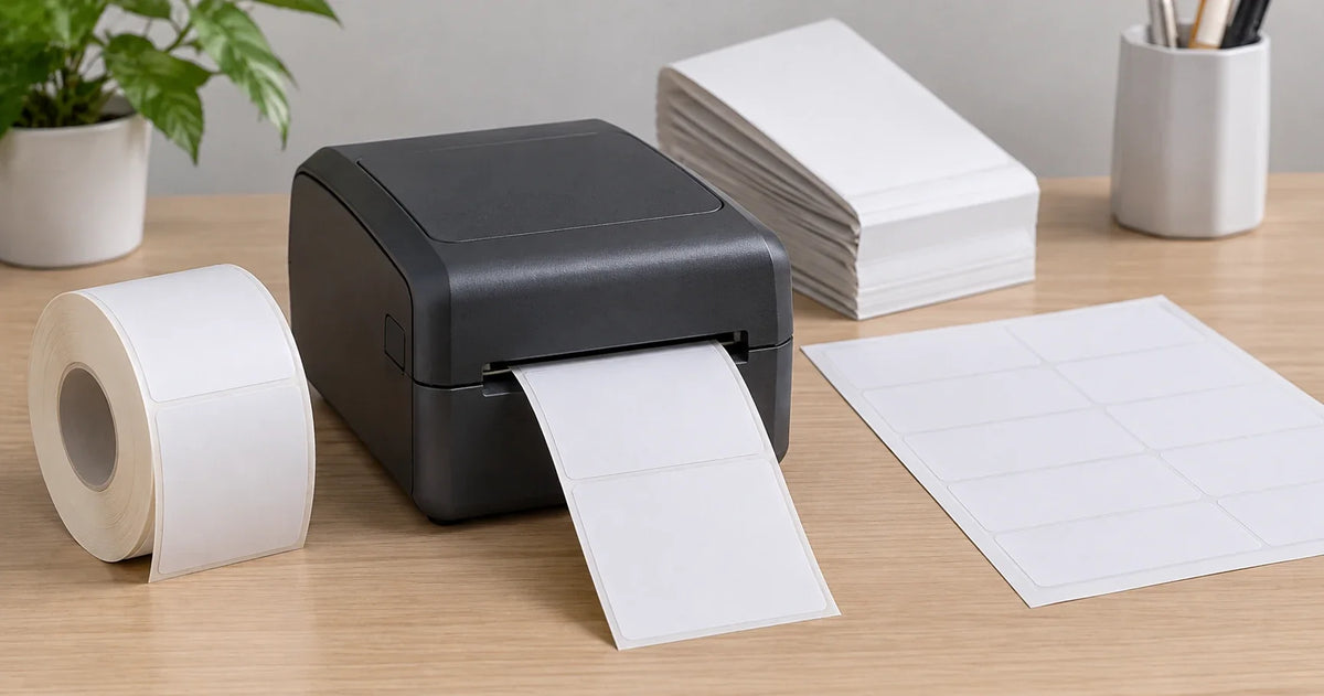 Desktop thermal label printer feeding a blank label, with a label roll, a fanfold label stack and an A4 sheet of labels