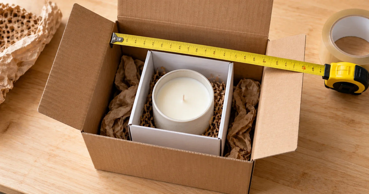 Candle in a white gift box inside a larger cardboard box with crumpled paper, and a tape measure across the top