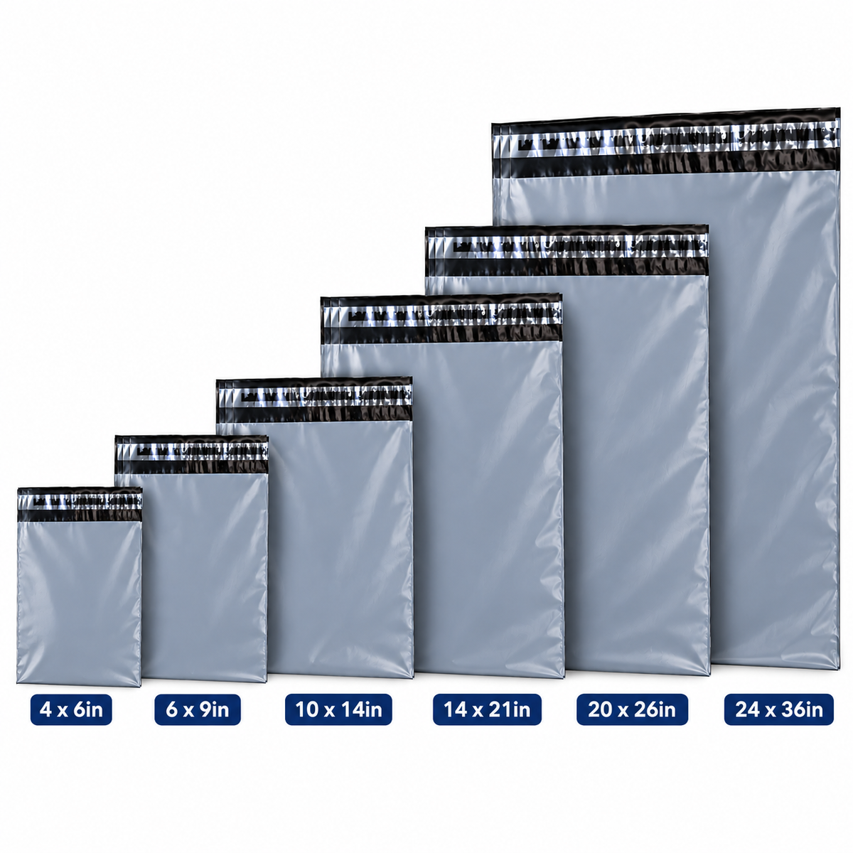 Grey mailing bags in sizes from 4 x 6 inch to 24 x 36 inch, shown side by side