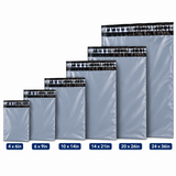 Grey mailing bags in sizes from 4 x 6 inch to 24 x 36 inch, shown side by side