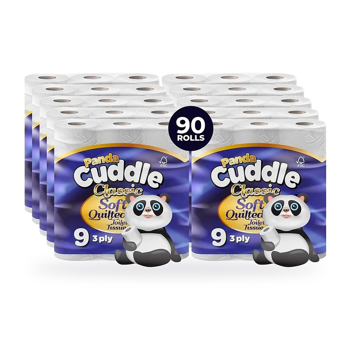 Panda Cuddle Classic 3 ply quilted toilet roll, bulk pack of 90 rolls