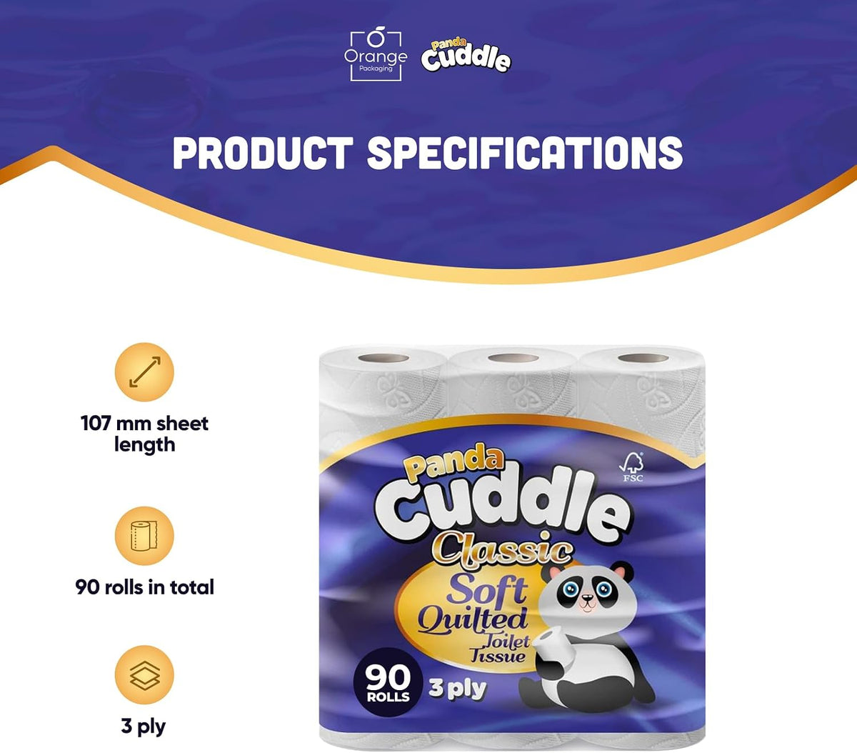 Panda Cuddle toilet roll specifications: 3 ply, 107mm sheet length