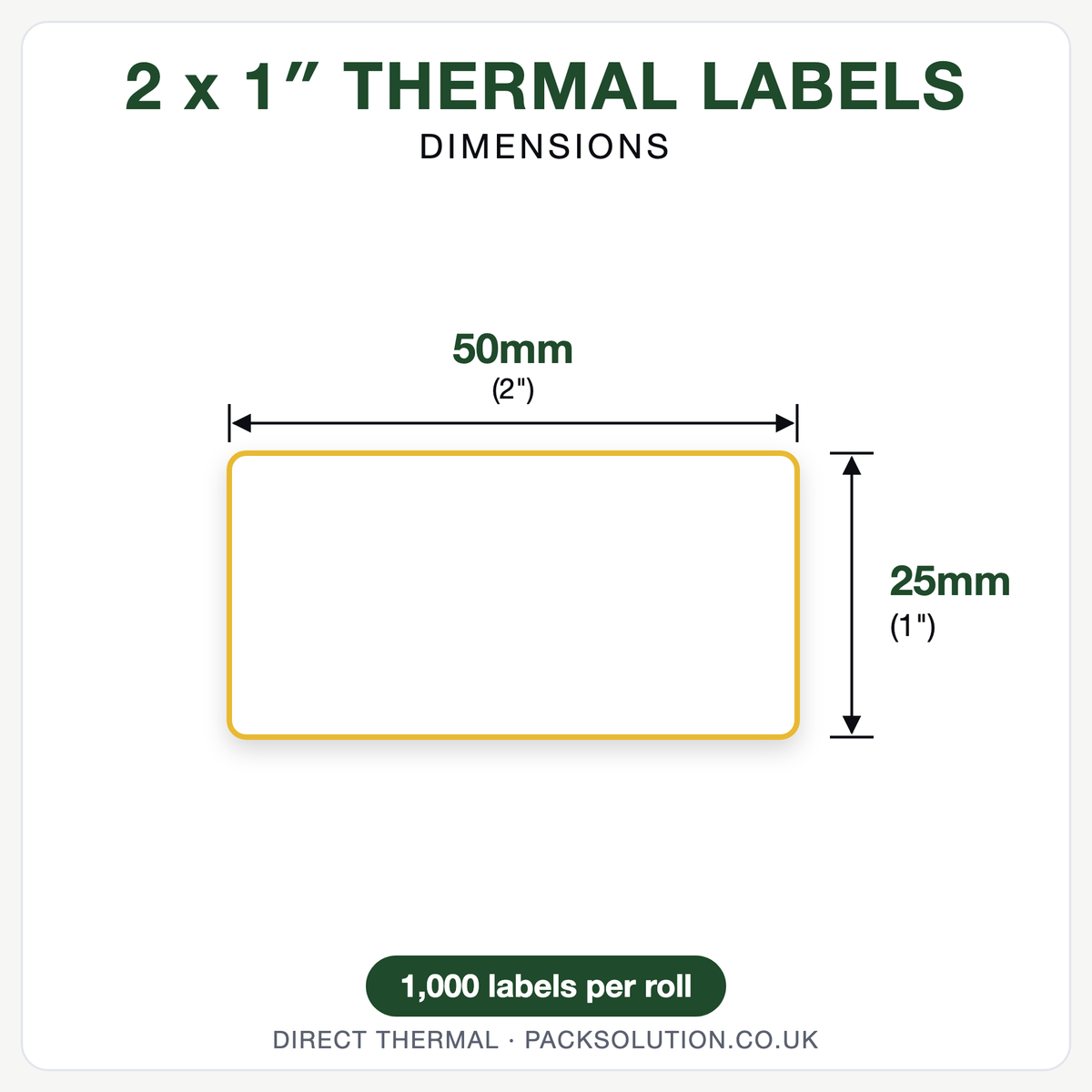 2 x 1 inch (50 x 25mm) thermal labels dimensions, 1,000 labels per roll
